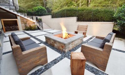Modern Concrete Paver Slate Chip Patio with Custom Fire Pit