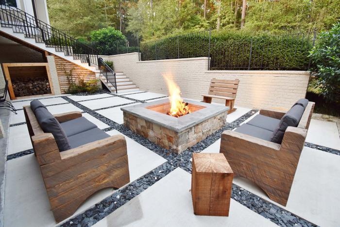 Modern Concrete Paver Slate Chip Patio with Custom Fire Pit
